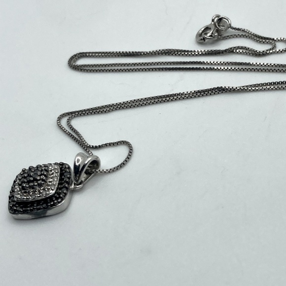 BLACK & White Diamond Sterling Silver Square Pendant w Chain 19” + .7” Total - Picture 5 of 9